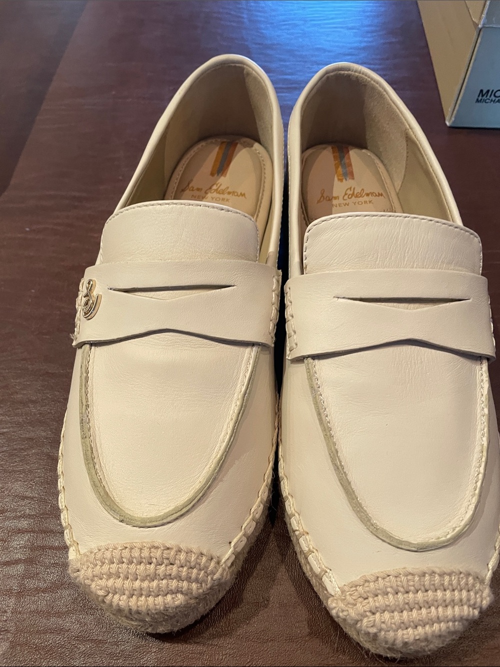Sam Edelman Men’s Cream Leather Penny Loafers with Woven Toe